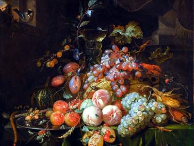 File:STILL LIFE WITH PLUMS, PEACHES, APRICOTS, GRAPES AND A MELON, WITH A ROEMER GLASS AND A FLUTE GLASS, ALL ON A DRAPED TABLE, A GOLDFINCH ON THE WINDOW SILL AND A BRACE OF SONGBIRDS .jpg